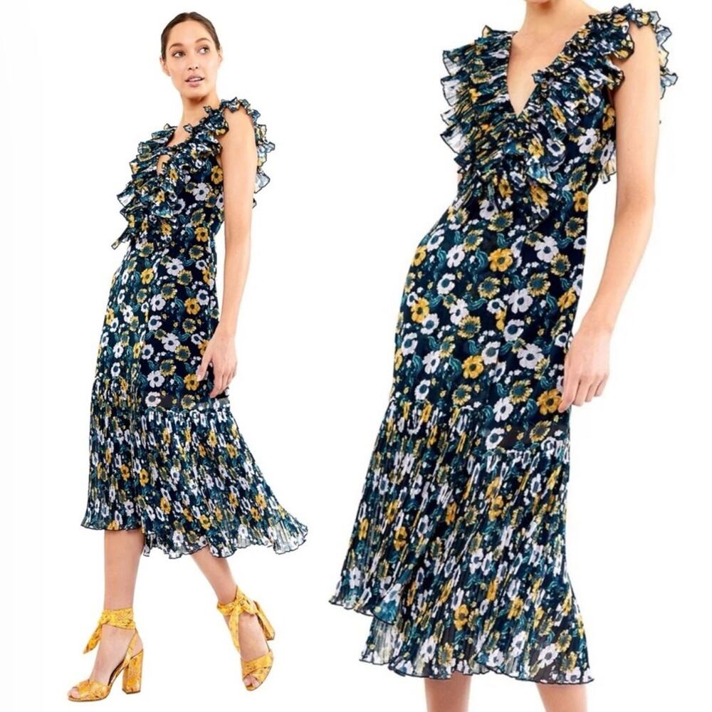 Talulah La Maison Light It Up Midi Dress Floral Print Navy Yellow Ruffle SM $310
